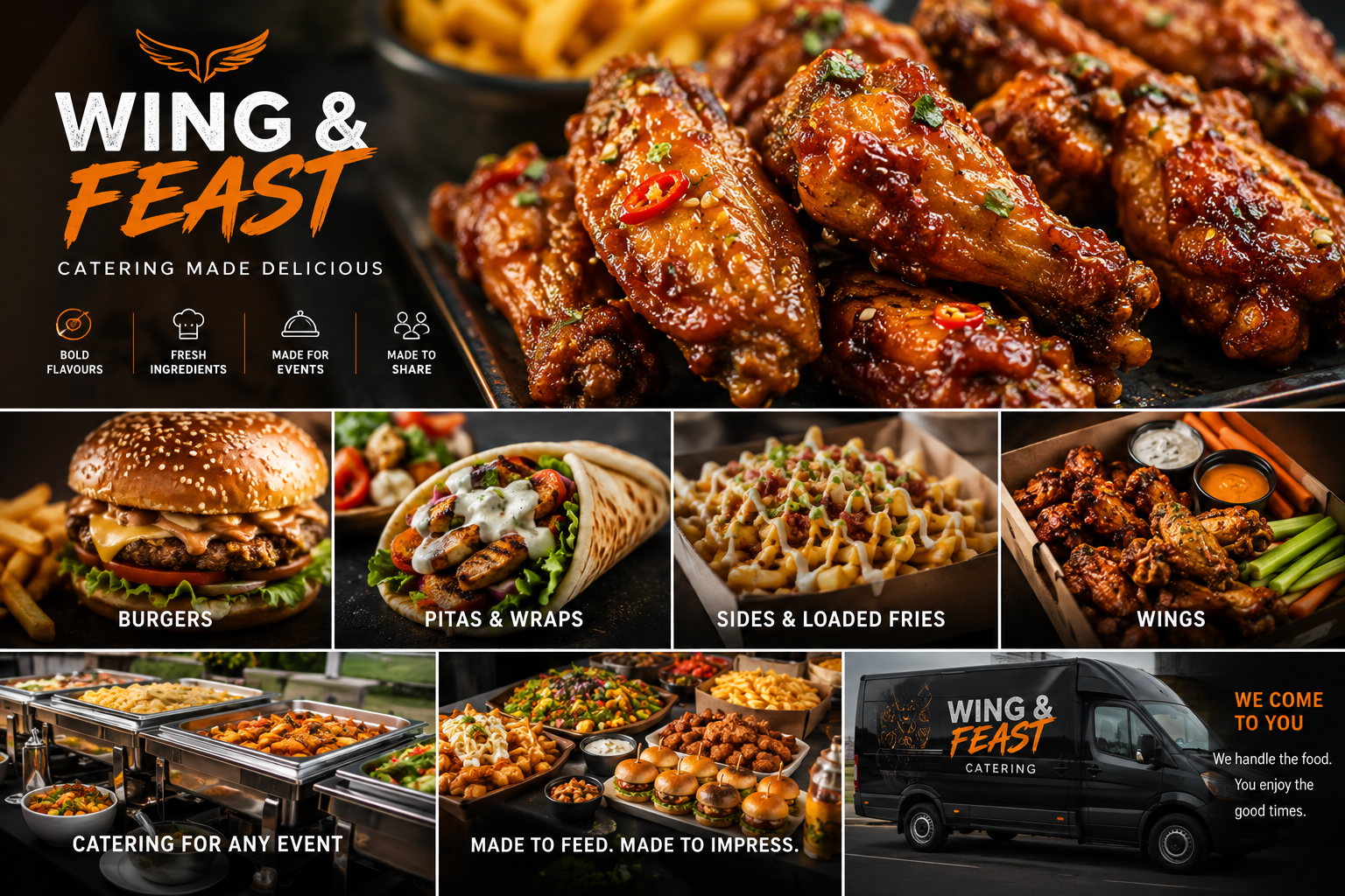 Wing & Feast signature wings and catering spread